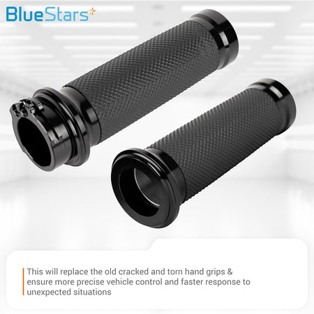 Pair of 1-inch black knurled motorcycle hand grips for Harley, Honda, Yamaha, Suzuki, and Kawasaki cruisers.