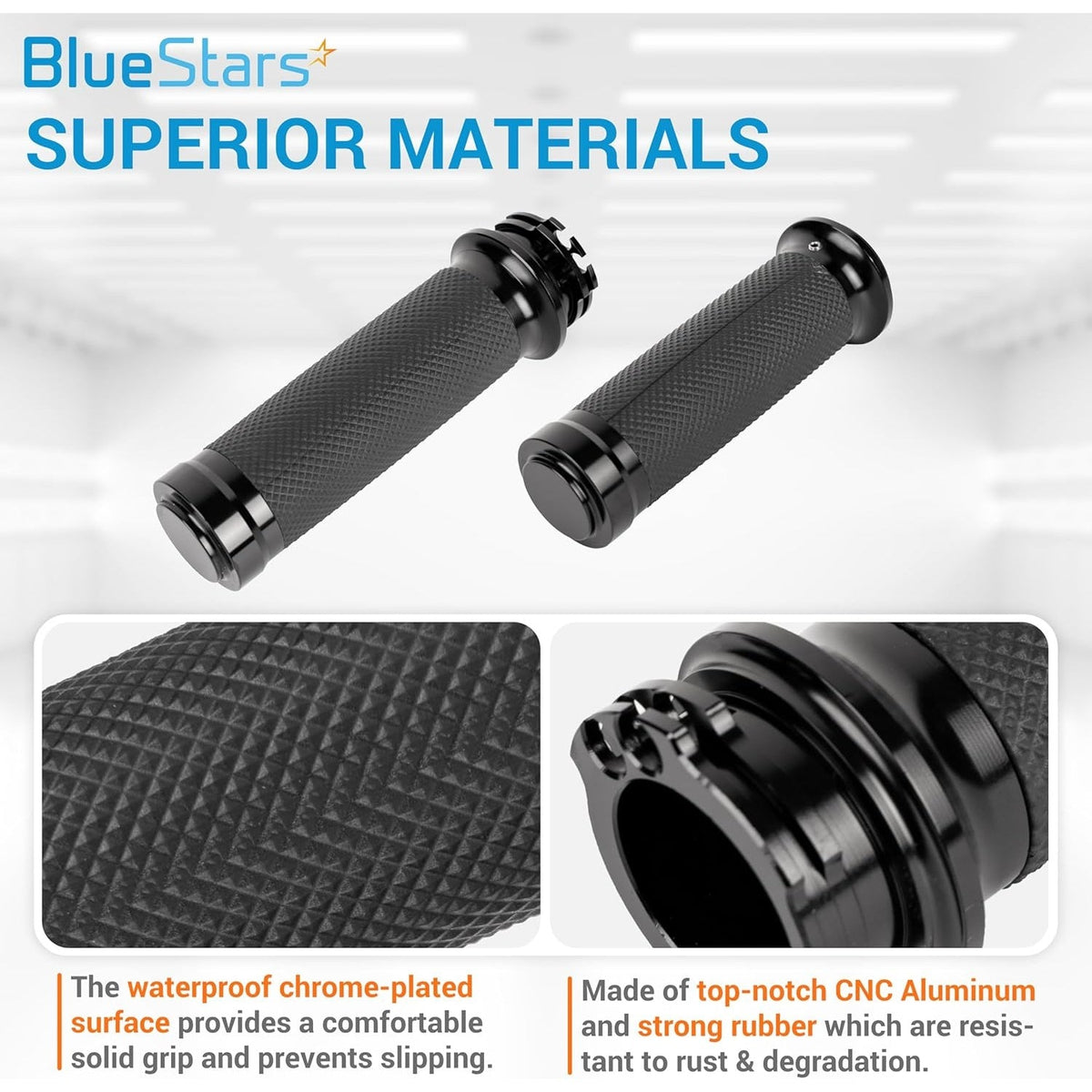 1-inch motorcycle hand grips featuring CNC aluminum and rubber construction with close-up texture and material details.