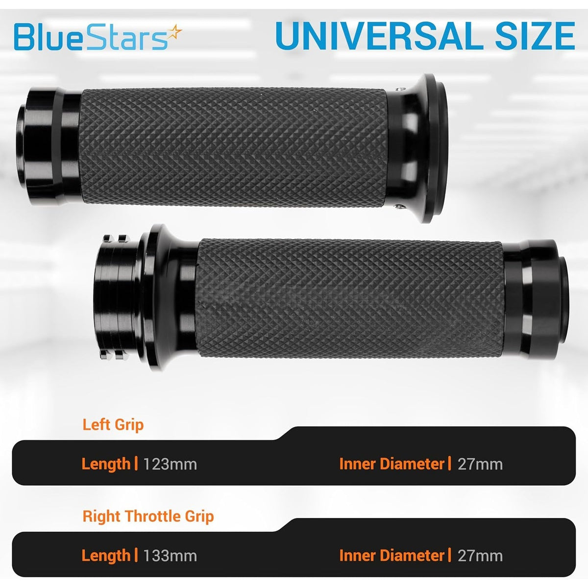 Pair of 1-inch black motorcycle hand grips with dimensions for left and right throttle side compatibility.