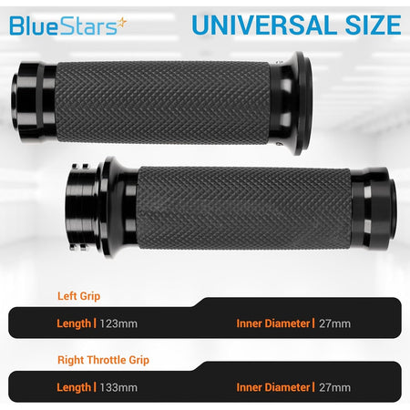 Pair of 1-inch black motorcycle hand grips with dimensions for left and right throttle side compatibility.