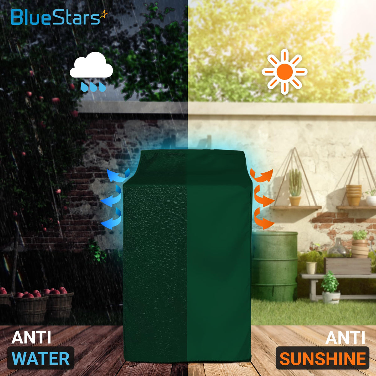 Green waterproof and sun-resistant top-load washing machine cover for outdoor protection.