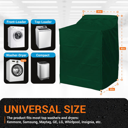 Green outdoor washing machine cover showing universal size dimensions and compatibility with various washer types.