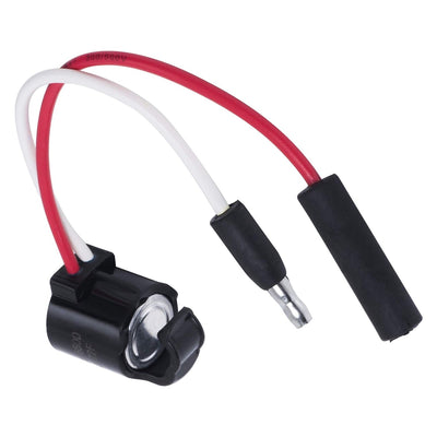 297216600 refrigerator defrost thermostat with red and white wires and insulated terminal connectors.