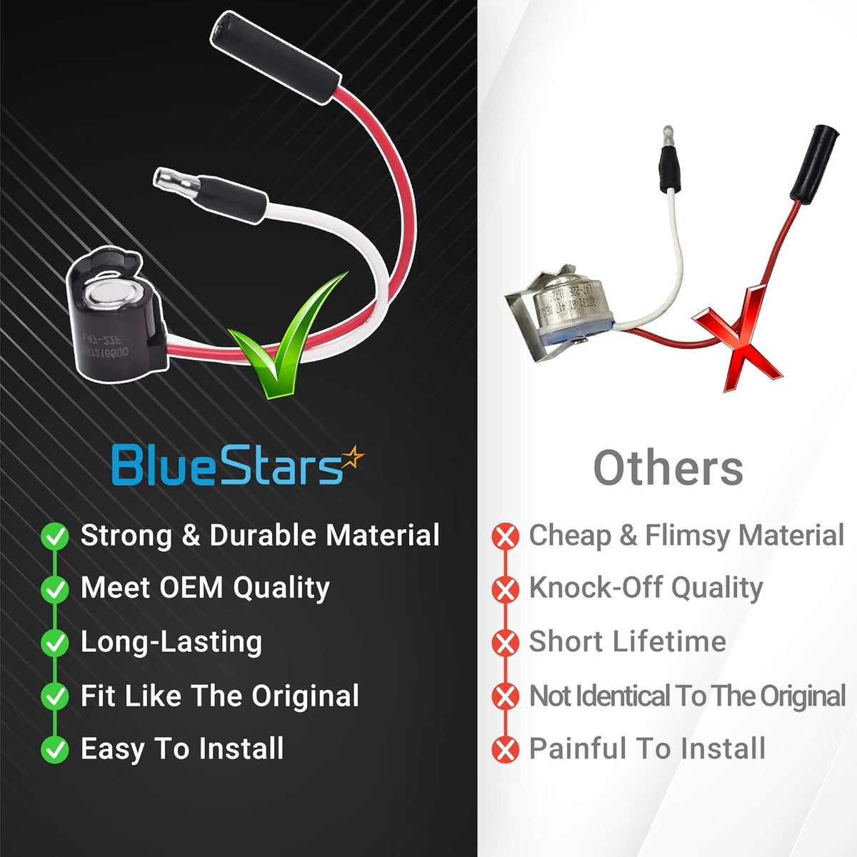 Comparison chart showing BlueStars refrigerator defrost thermostat quality versus generic alternatives.