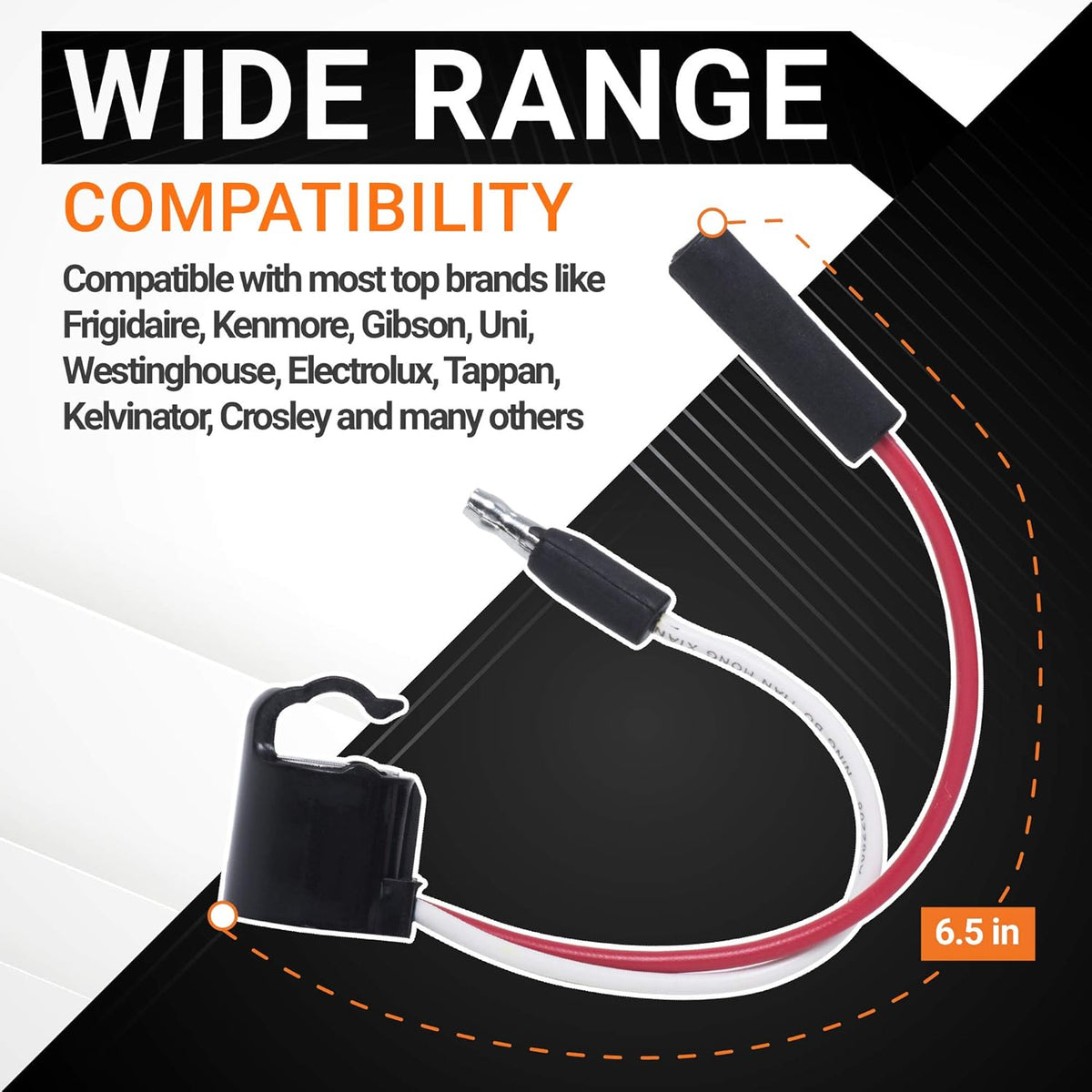 Refrigerator defrost thermostat replacement part showing 6.5-inch wire length and compatibility information.