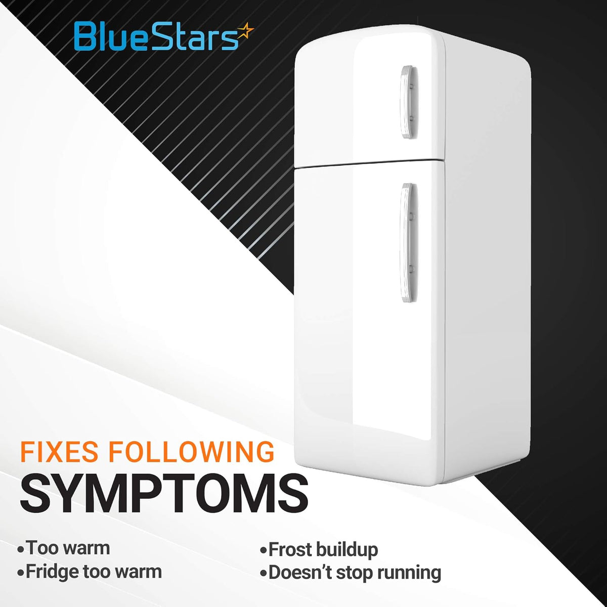 Graphic showing refrigerator symptoms fixed by 297216600 defrost thermostat for Frigidaire and Kenmore appliances.
