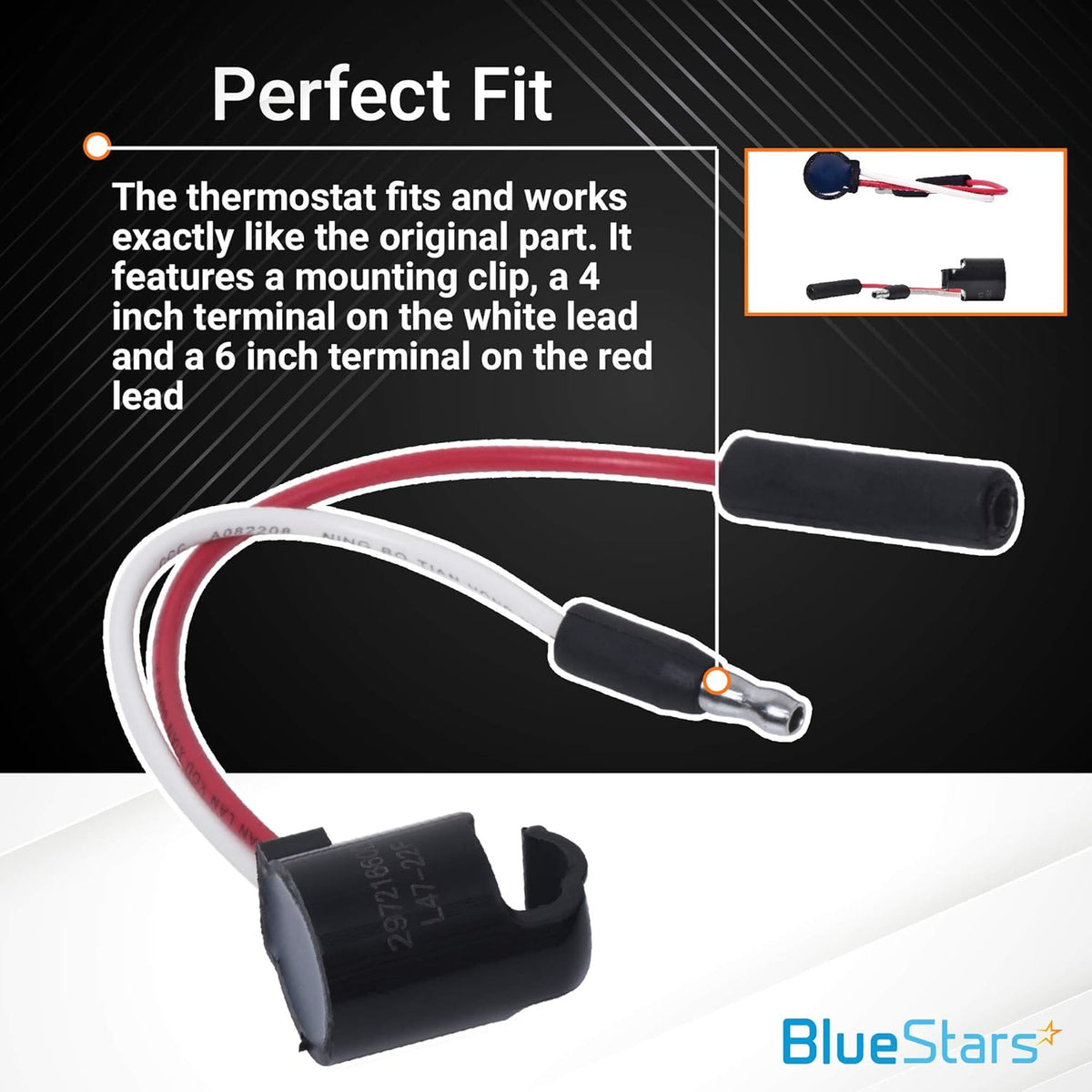 297216600 refrigerator defrost thermostat showing mounting clip and wire lead terminal details for Frigidaire and Kenmore.