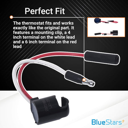 297216600 refrigerator defrost thermostat showing mounting clip and wire lead terminal details for Frigidaire and Kenmore.