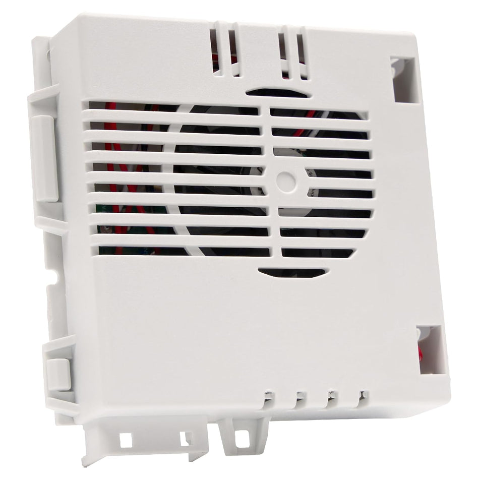 White dishwasher vent assembly fan for Frigidaire and Kenmore appliances.