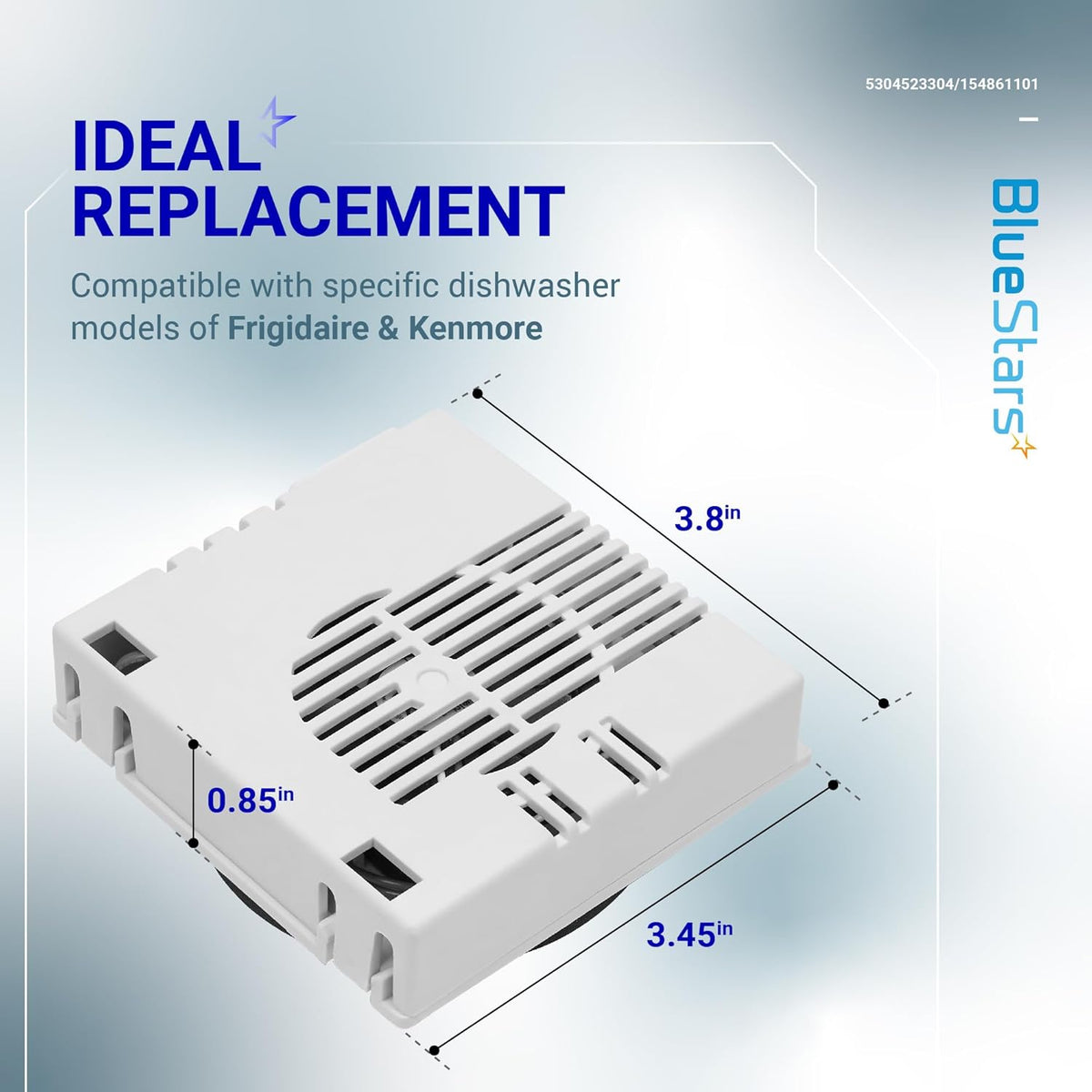Dishwasher vent assembly replacement part for Frigidaire and Kenmore with labeled dimensions in inches.