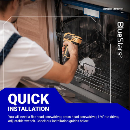 Technician using a power drill for the installation of a Frigidaire dishwasher vent assembly.