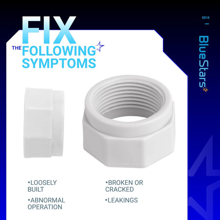 Two white ED15 pool cleaner feed hose mender nuts shown from side and top angles to illustrate repair symptoms.