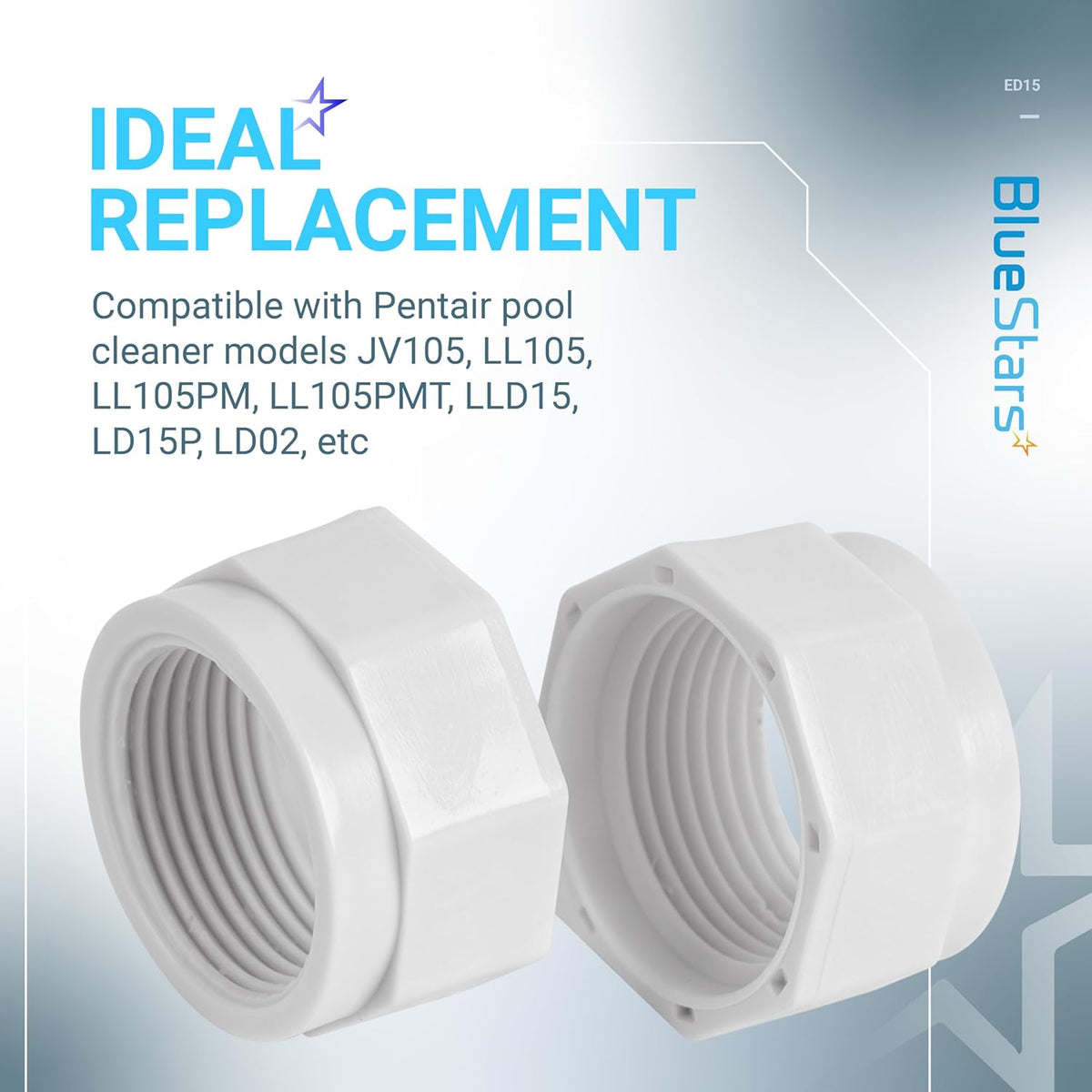 Two white replacement feed hose mender nuts for Pentair Legend and Letro pool cleaners.