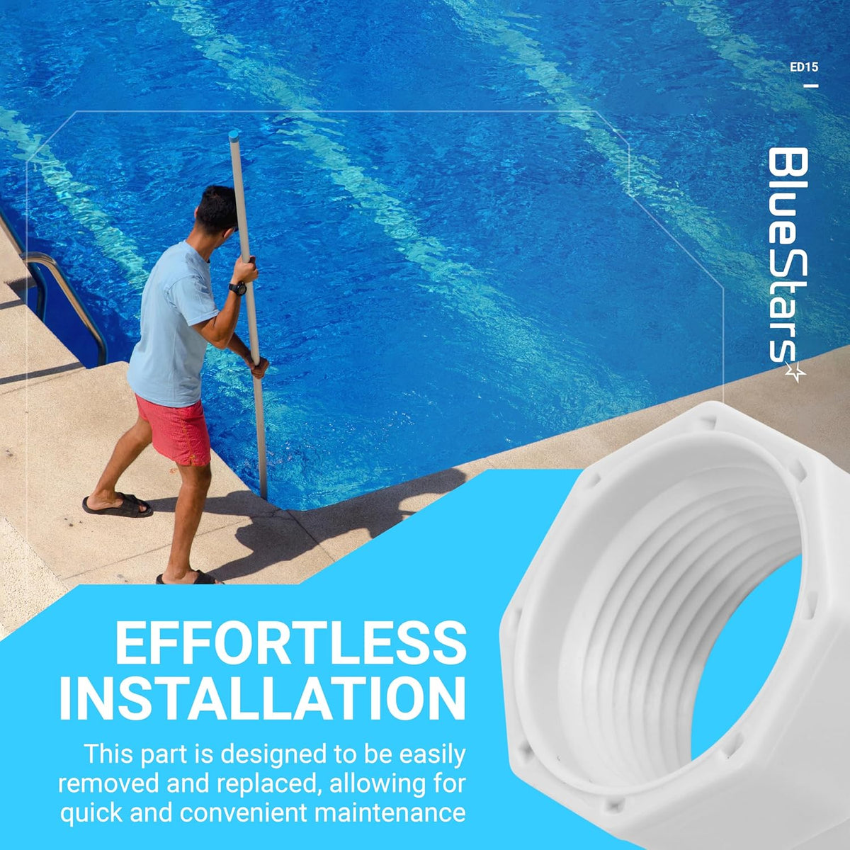 Close-up of ED15 pool cleaner feed hose mender nut replacement for Pentair and Letro cleaners.