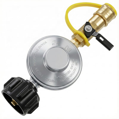 Propane gas grill regulator with QCC1 connector and 1/4 inch quick connect fitting with shut-off valve.