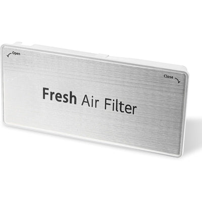 ADQ75493301 replacement refrigerator air filter cover with brushed metal finish and Open/Close indicators.