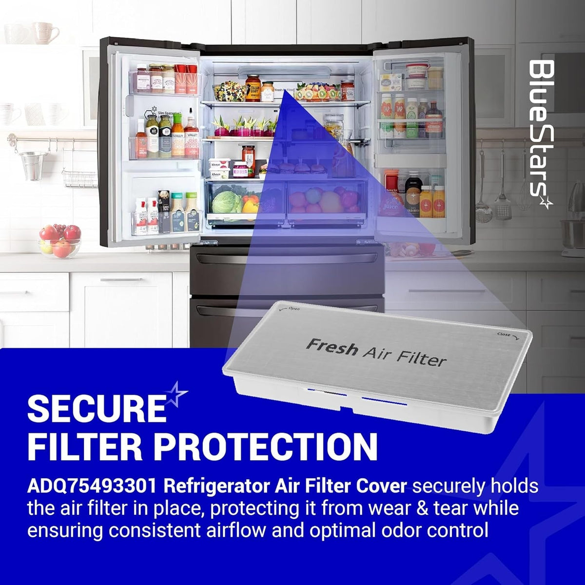 ADQ75493301 refrigerator air filter cover shown with an LG refrigerator for installation reference.