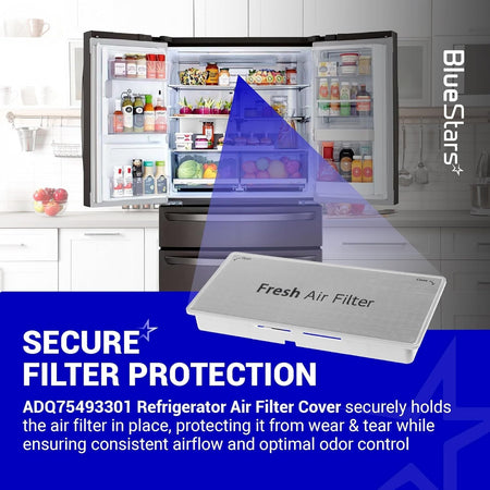 ADQ75493301 refrigerator air filter cover shown with an LG refrigerator for installation reference.
