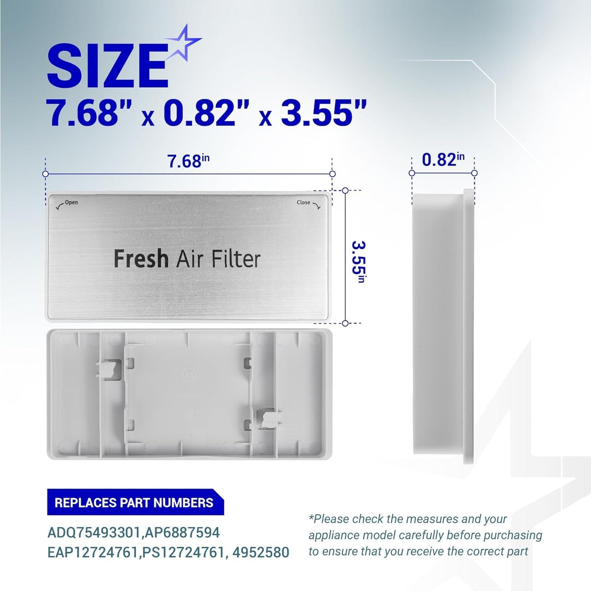 Dimensions diagram for ADQ75493301 refrigerator air filter cover showing 7.68 x 0.82 x 3.55 inch measurements.