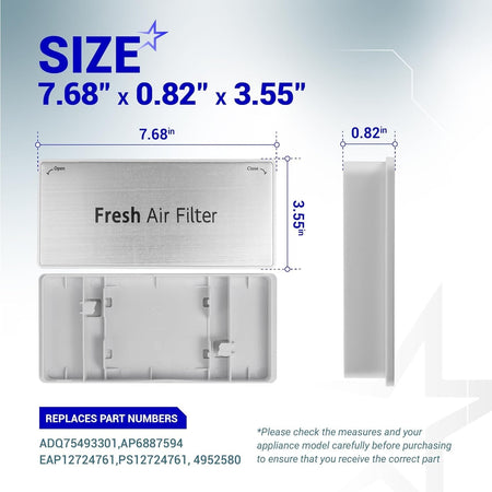 Dimensions diagram for ADQ75493301 refrigerator air filter cover showing 7.68 x 0.82 x 3.55 inch measurements.