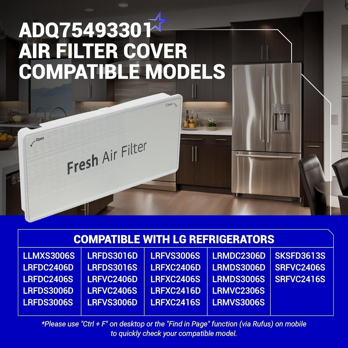 ADQ75493301 refrigerator air filter cover with compatibility chart for LG refrigerator models.