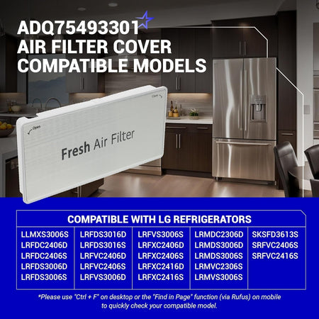 ADQ75493301 refrigerator air filter cover with compatibility chart for LG refrigerator models.