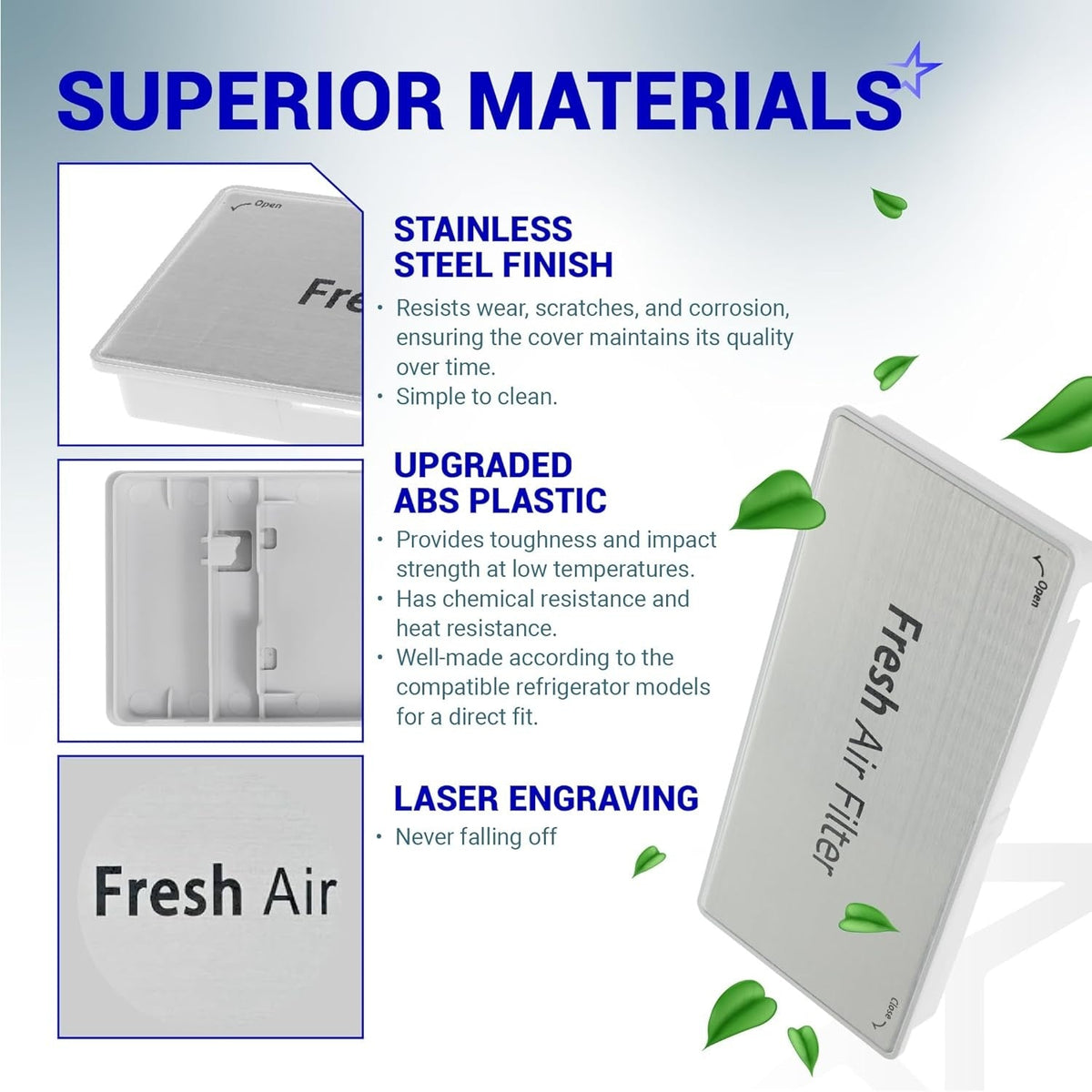 Infographic showing stainless steel and ABS plastic construction of ADQ75493301 refrigerator air filter cover.