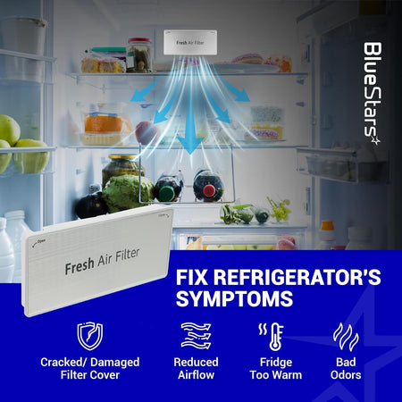 ADQ75493301 refrigerator air filter cover showing airflow function and common repair symptoms.