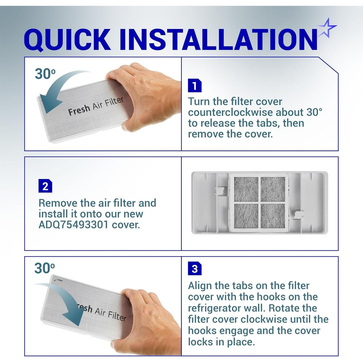 Quick installation guide for ADQ75493301 refrigerator air filter cover showing step-by-step removal and replacement.