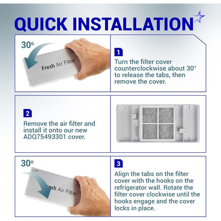 Quick installation guide for ADQ75493301 refrigerator air filter cover showing step-by-step removal and replacement.