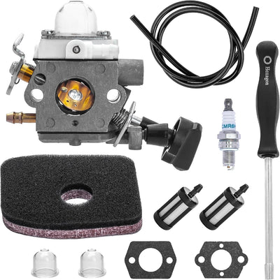 Carburetor tune-up kit for Stihl BG56 leaf blower including carburetor, air filter, spark plug, fuel lines, and tools.