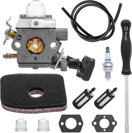 Carburetor tune-up kit for Stihl BG56 leaf blower including carburetor, air filter, spark plug, fuel lines, and tools.
