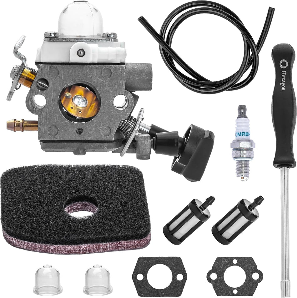 Carburetor tune-up kit for Stihl BG56 leaf blower including carburetor, air filter, spark plug, fuel lines, and tools.