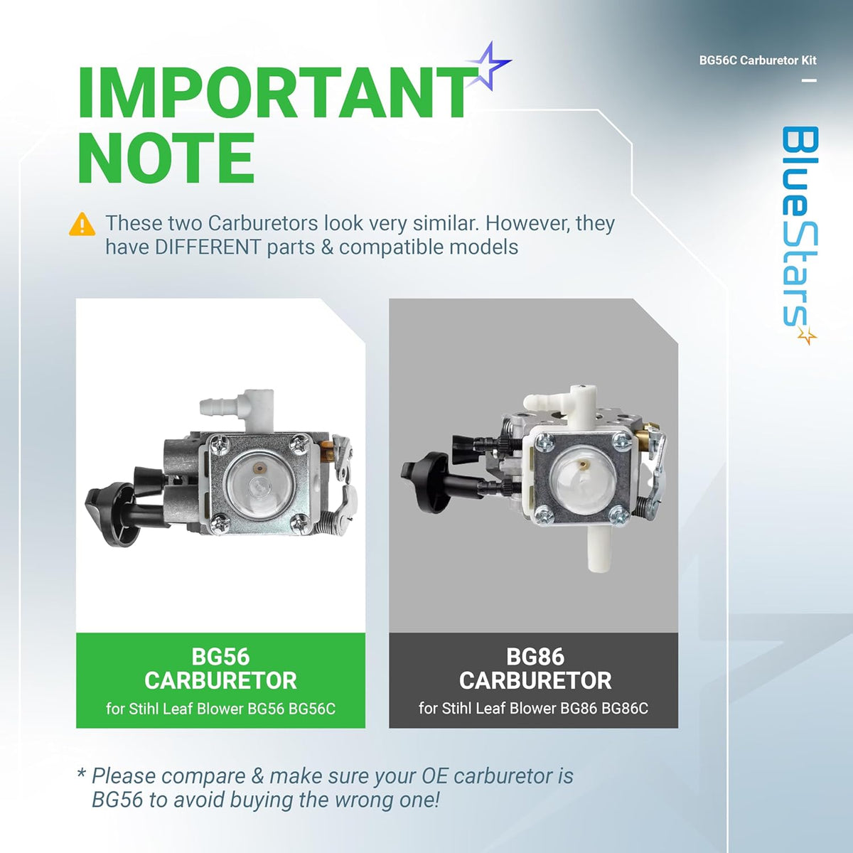 Comparison chart showing visual differences between Stihl BG56 and BG86 leaf blower carburetors.