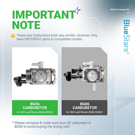 Comparison chart showing visual differences between Stihl BG56 and BG86 leaf blower carburetors.