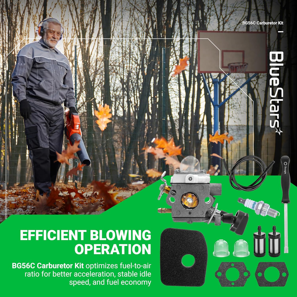 BG56C carburetor tune-up kit for Stihl leaf blowers including carburetor, air filter, fuel line, spark plug, and tools.