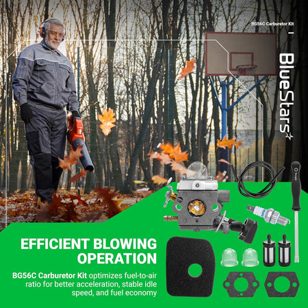 BG56C carburetor tune-up kit for Stihl leaf blowers including carburetor, air filter, fuel line, spark plug, and tools.
