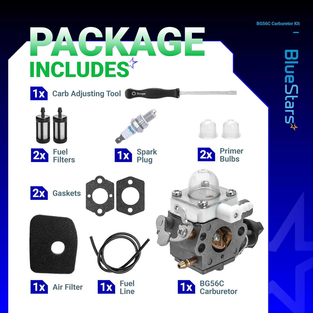 BG56C carburetor tune-up kit components including carburetor, air filter, spark plug, fuel lines, and tools.