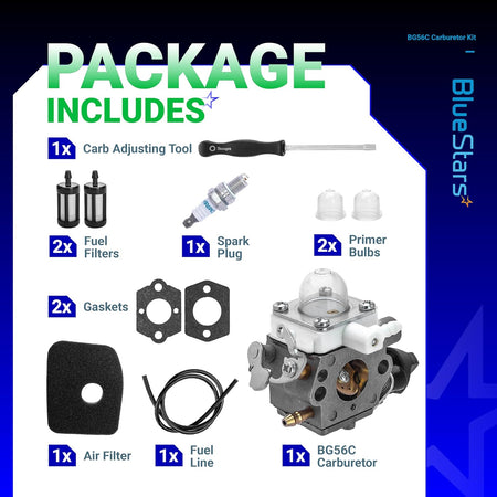 BG56C carburetor tune-up kit components including carburetor, air filter, spark plug, fuel lines, and tools.