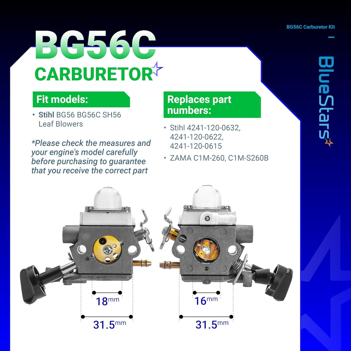Infographic showing BG56C carburetor dimensions and compatibility for Stihl BG56 and SH56 leaf blowers.