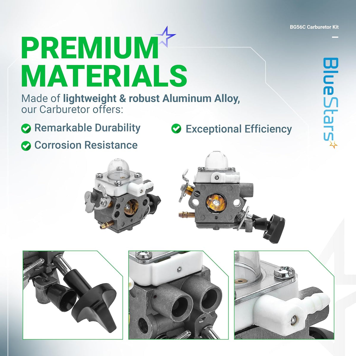 Aluminum alloy carburetor for Stihl BG56 leaf blower, showing multiple angles and close-up details of the component.