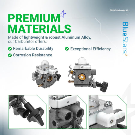 Aluminum alloy carburetor for Stihl BG56 leaf blower, showing multiple angles and close-up details of the component.