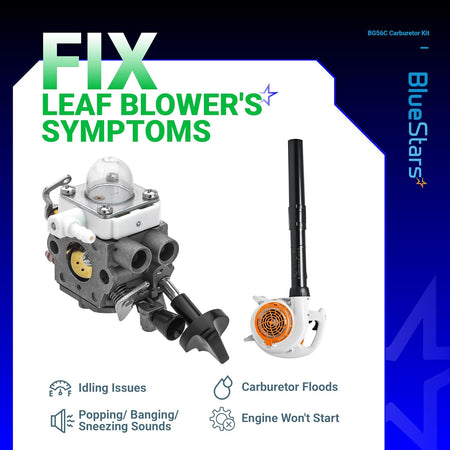 BG56C carburetor and Stihl leaf blower infographic showing common engine repair symptoms.
