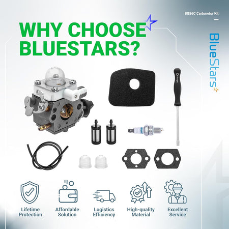 BG56C carburetor tune-up kit for Stihl leaf blowers including carburetor, air filter, spark plug, fuel lines, and tools.