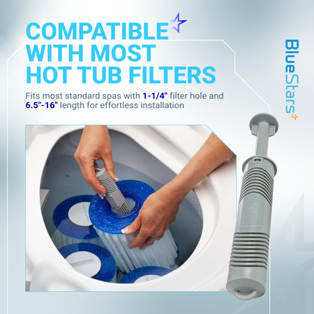 Hands installing a grey hot tub filter stick into a spa filter cartridge.