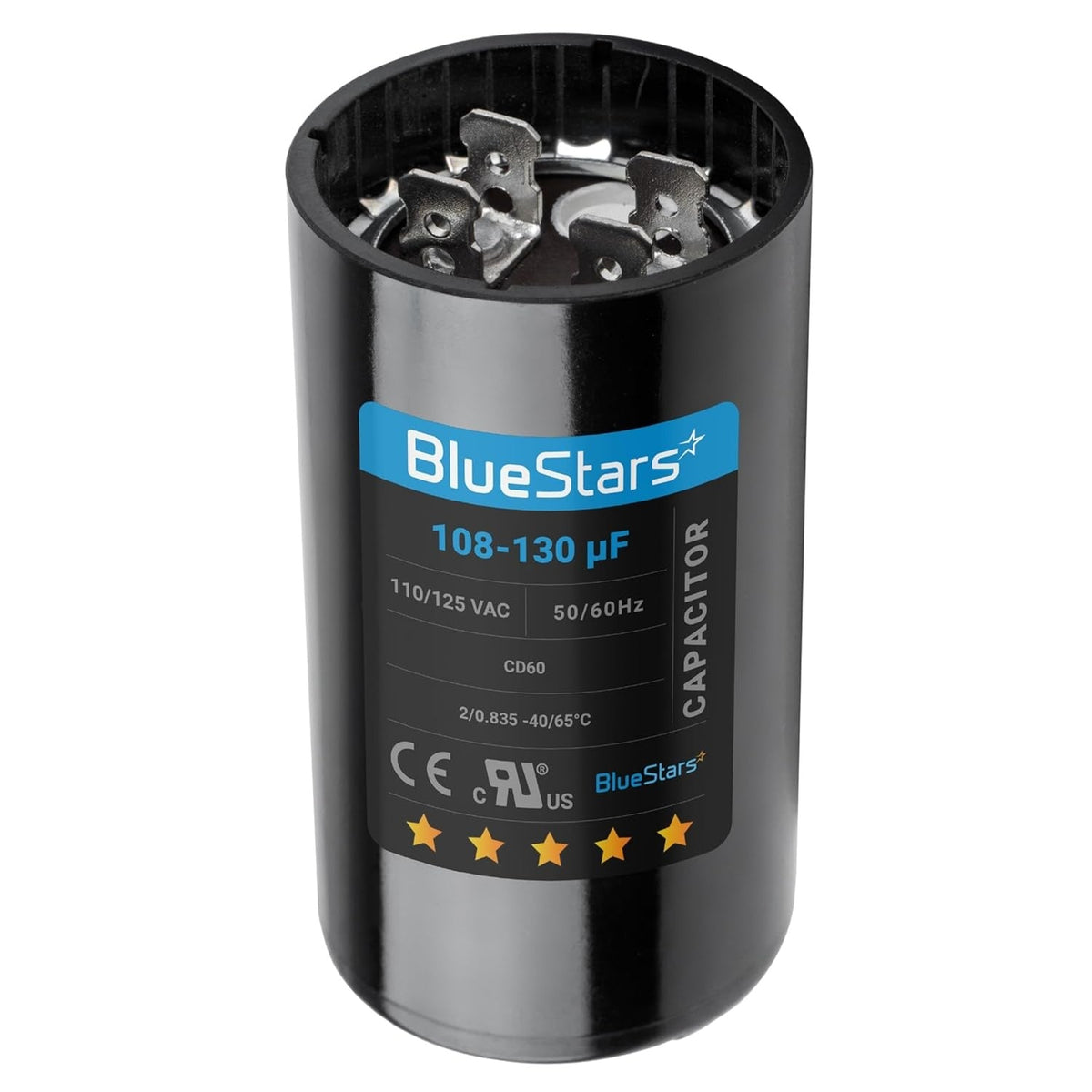 BlueStars 108-130 uF 110-125 VAC CD60 round start capacitor for pool and well pumps.