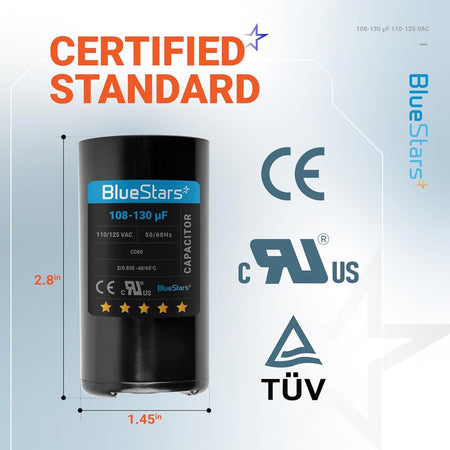 CD60 round start capacitor with 108-130 uF and 110-125 VAC specifications, showing dimensions and safety certifications.
