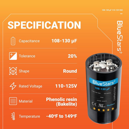 Specification chart for 108-130 uF 110-125 VAC CD60 round start capacitor for pool and well pumps.