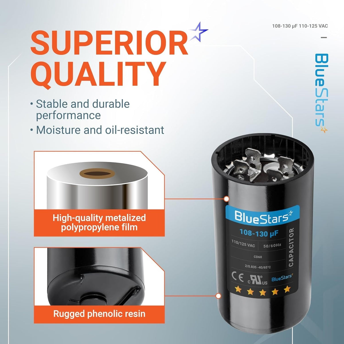 Infographic showing BlueStars 108-130 uF start capacitor construction with metalized film and phenolic resin casing.