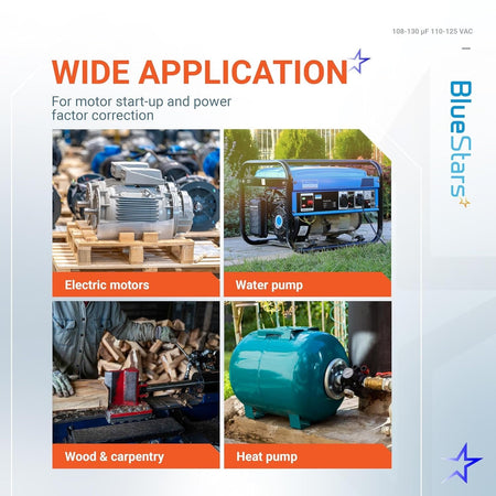 Infographic showing wide application of CD60 start capacitor for electric motors, water pumps, and heat pumps.
